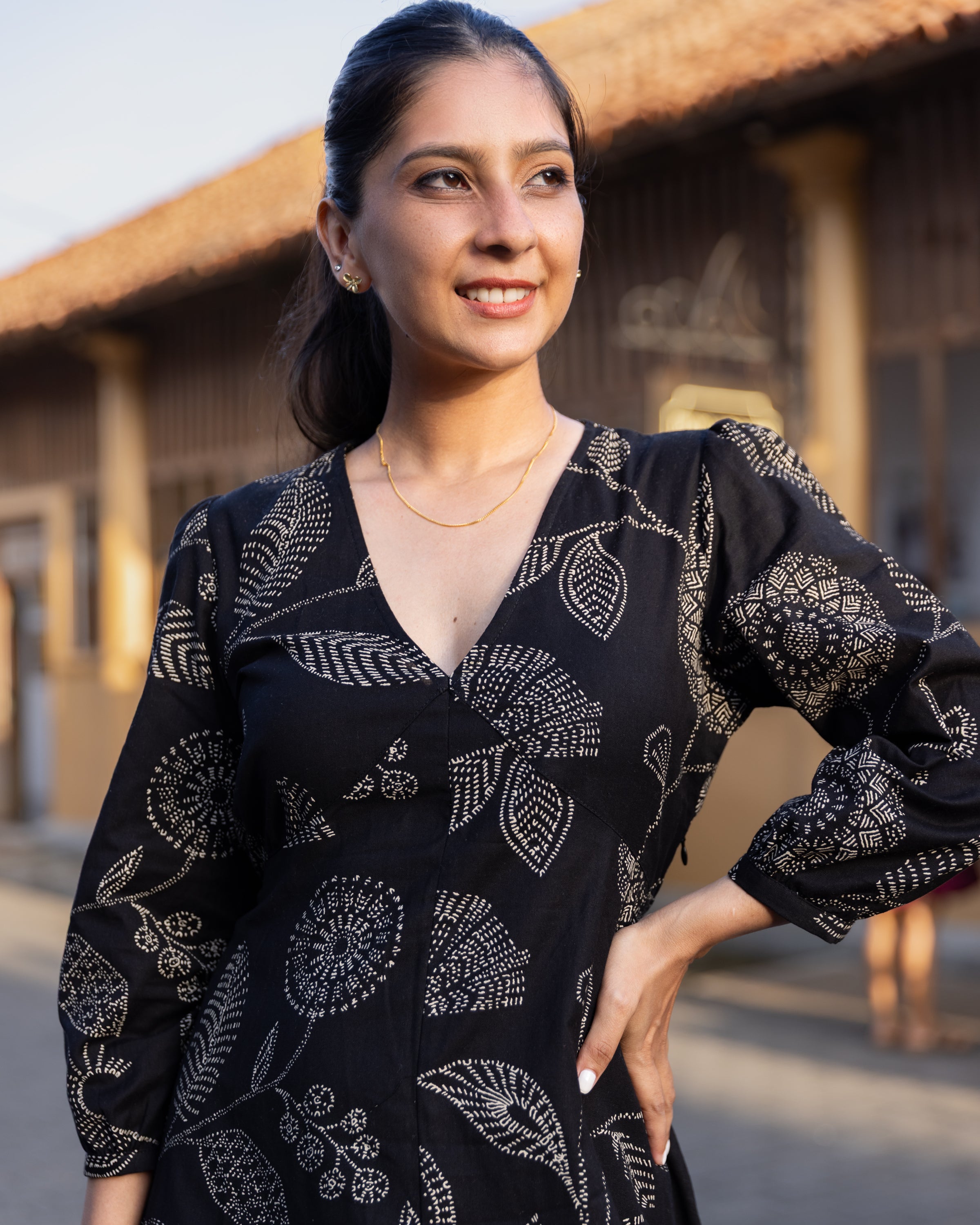 Aaliya Printed Ethnic Kurtha Dress - Black Printed