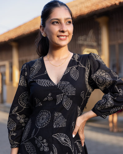 Aaliya Printed Ethnic Kurtha Dress - Black Printed