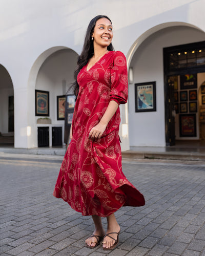 Aaliya Printed Ethnic Kurtha Dress - Red Printed