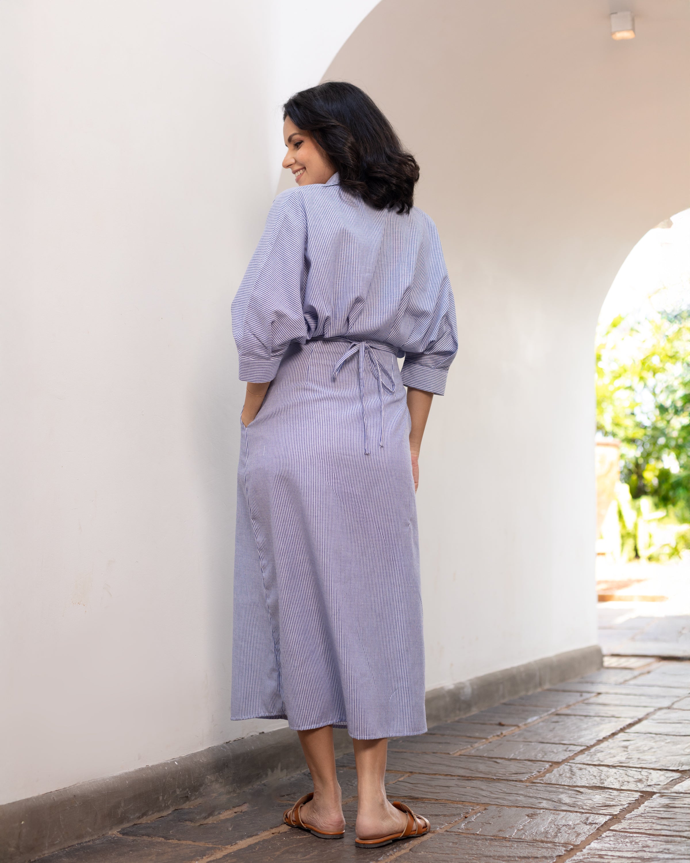 Oprah Cotton Midi Dress/ Trench Coat - Blue Stripe