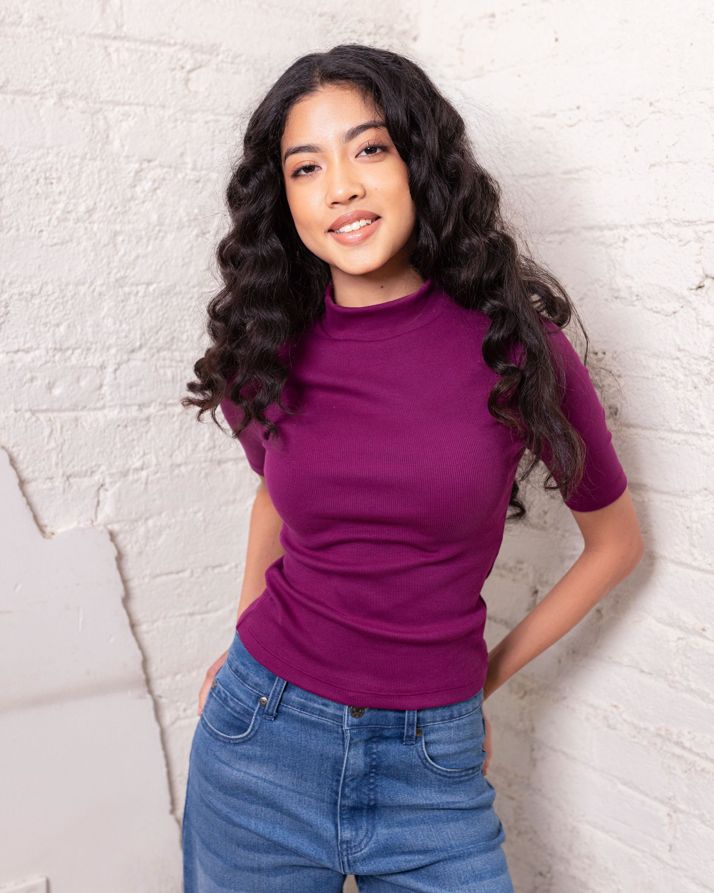 Clara High Neck Ribbed Top -Magenta