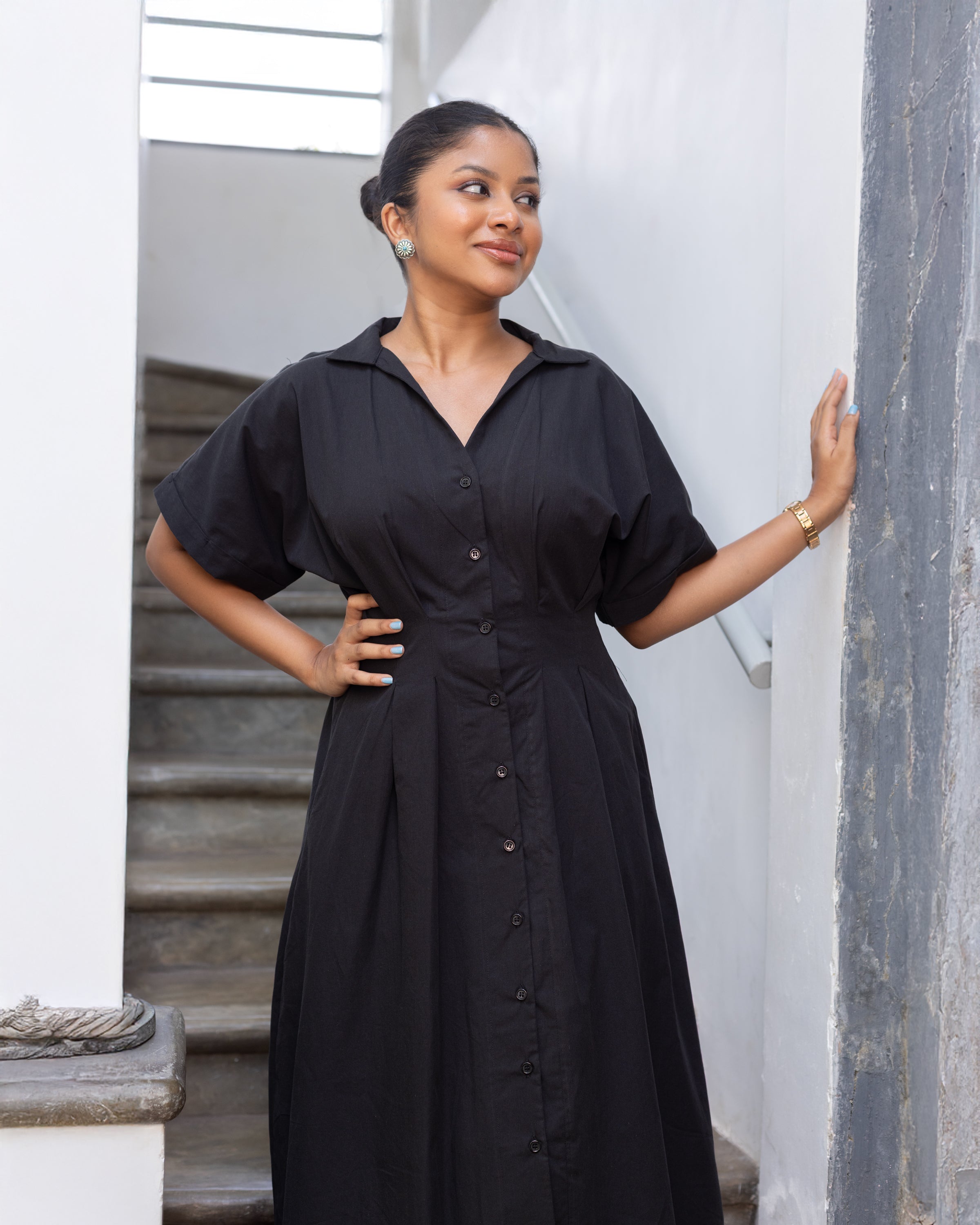 Dahlia Cotton Pleated Midi Dress - Black