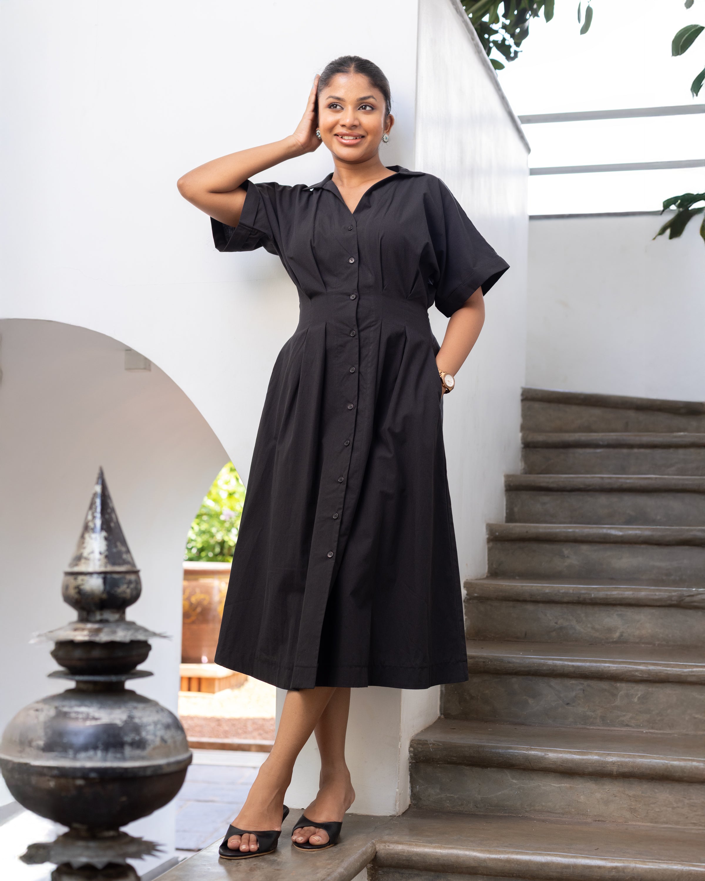 Dahlia Cotton Pleated Midi Dress - Black