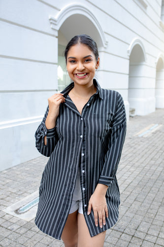 Brooke Oversized Shirt/ Shirt Dress- Black Stripe