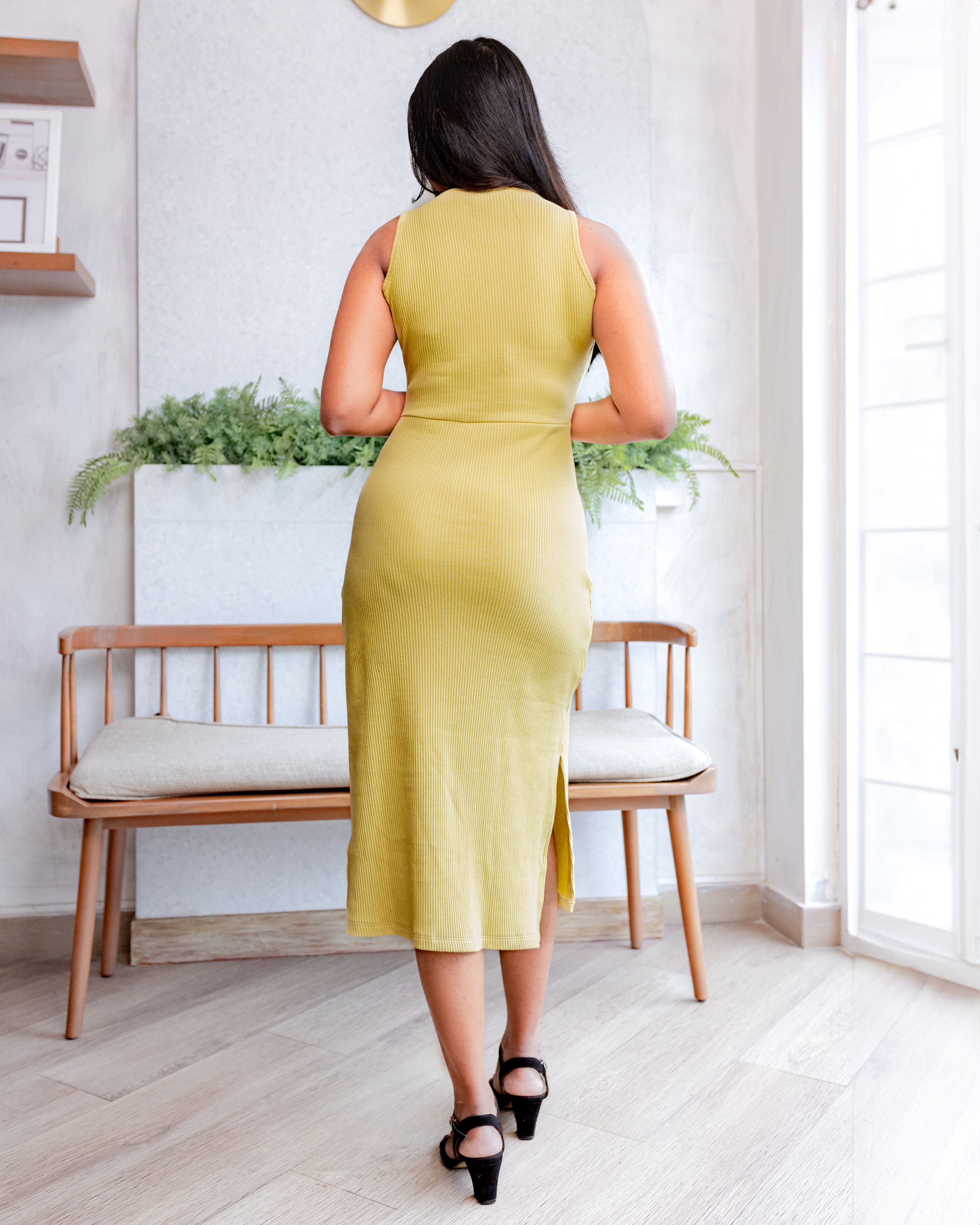 Adela Ribbed Midi Dress-Lemon