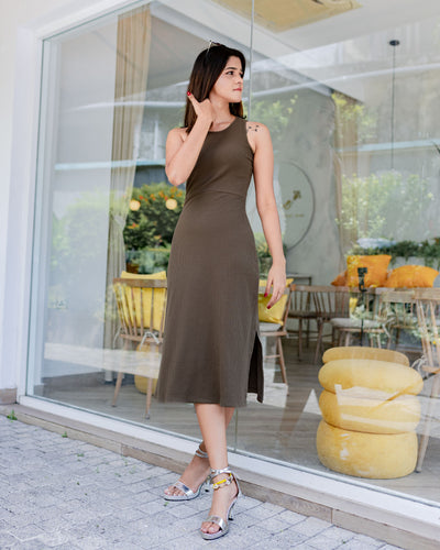 Adela Ribbed Midi Dress-Sage