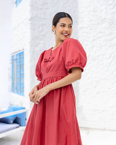Rey Bow Detail Cotton Midi Dress - Brick