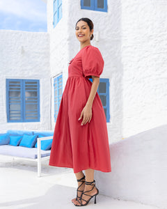 Rey Bow Detail Cotton Midi Dress - Brick