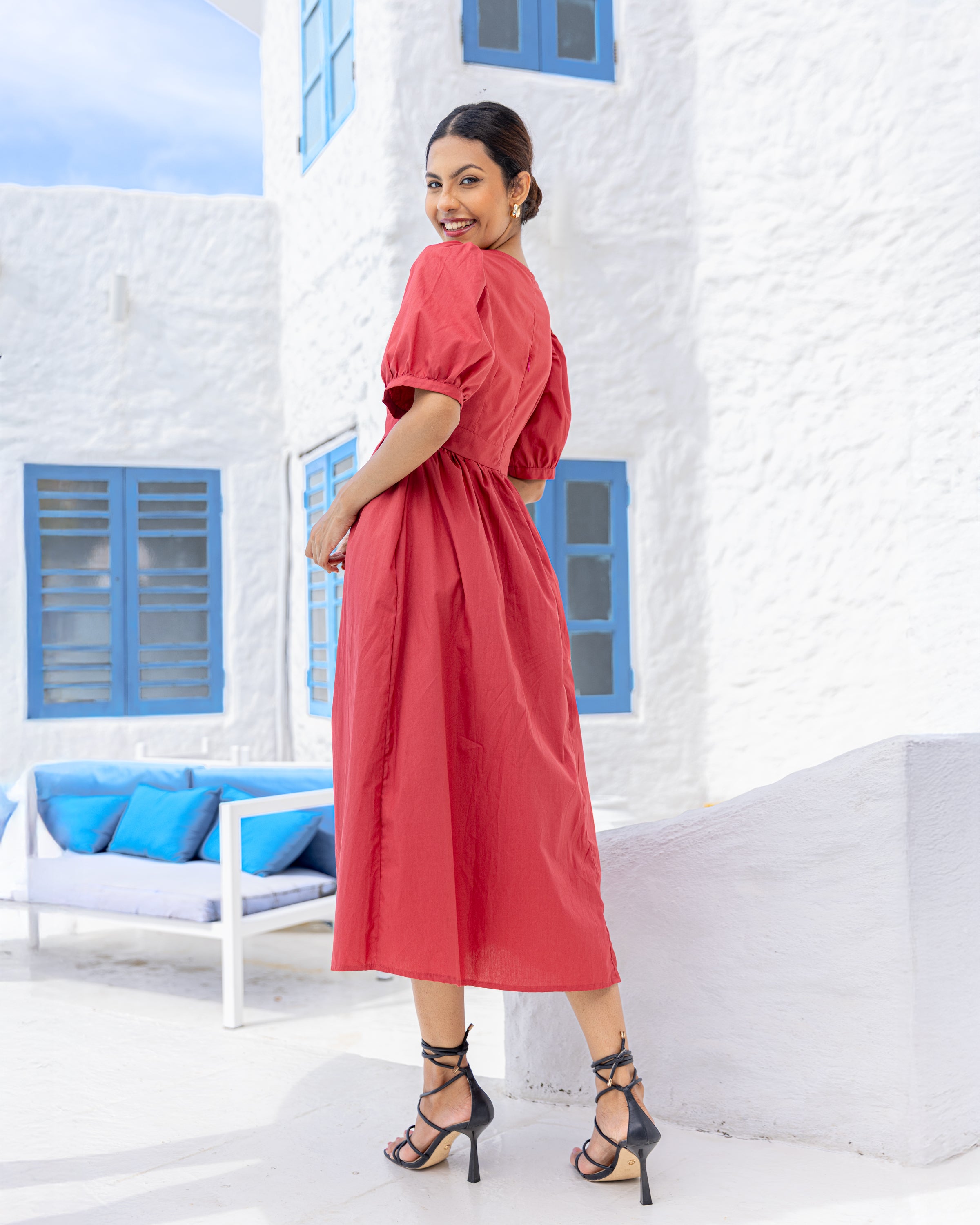 Rey Bow Detail Cotton Midi Dress - Brick