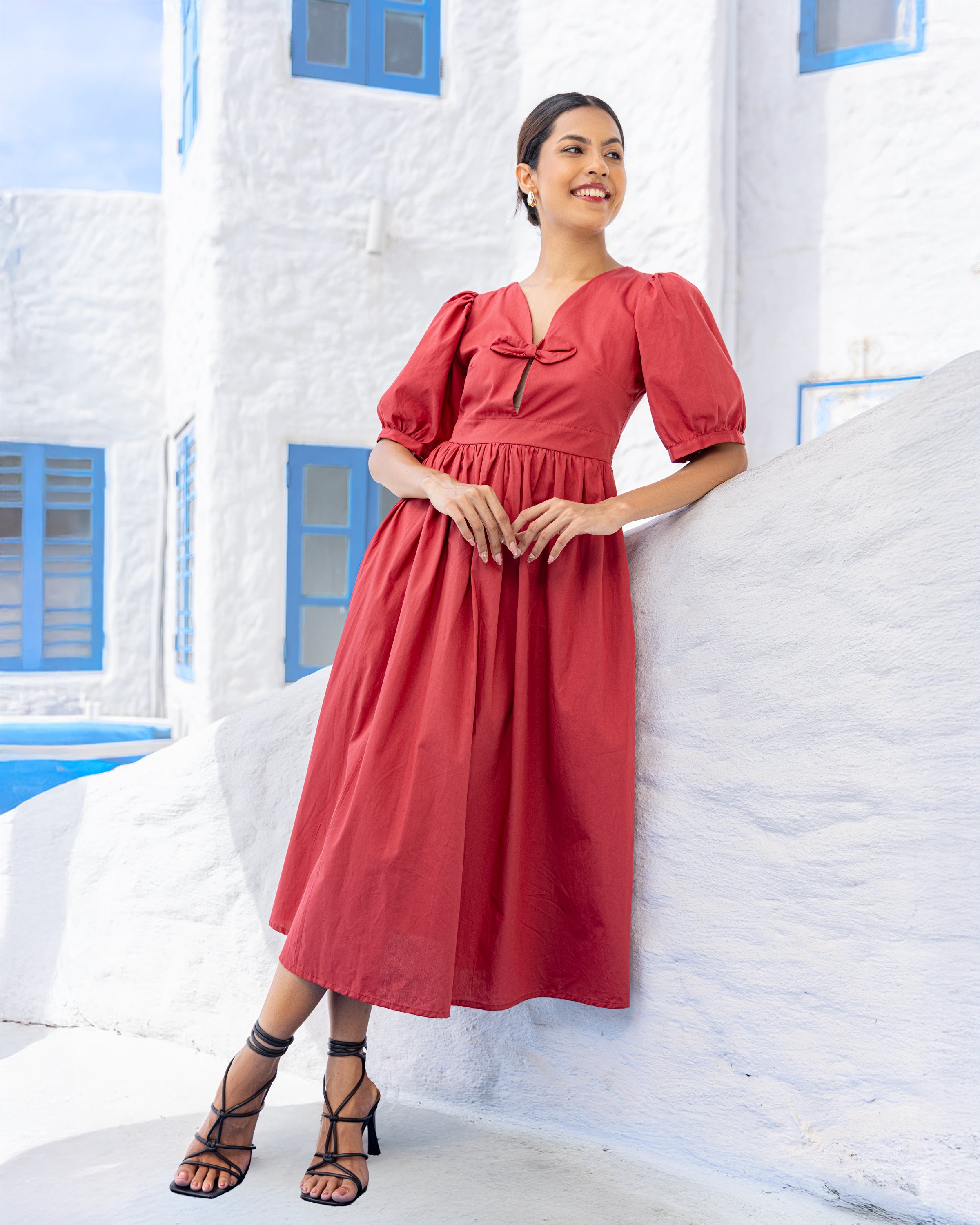 Rey Bow Detail Cotton Midi Dress - Brick