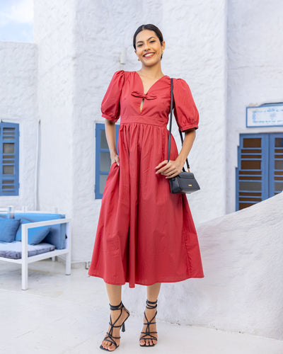 Rey Bow Detail Cotton Midi Dress - Brick