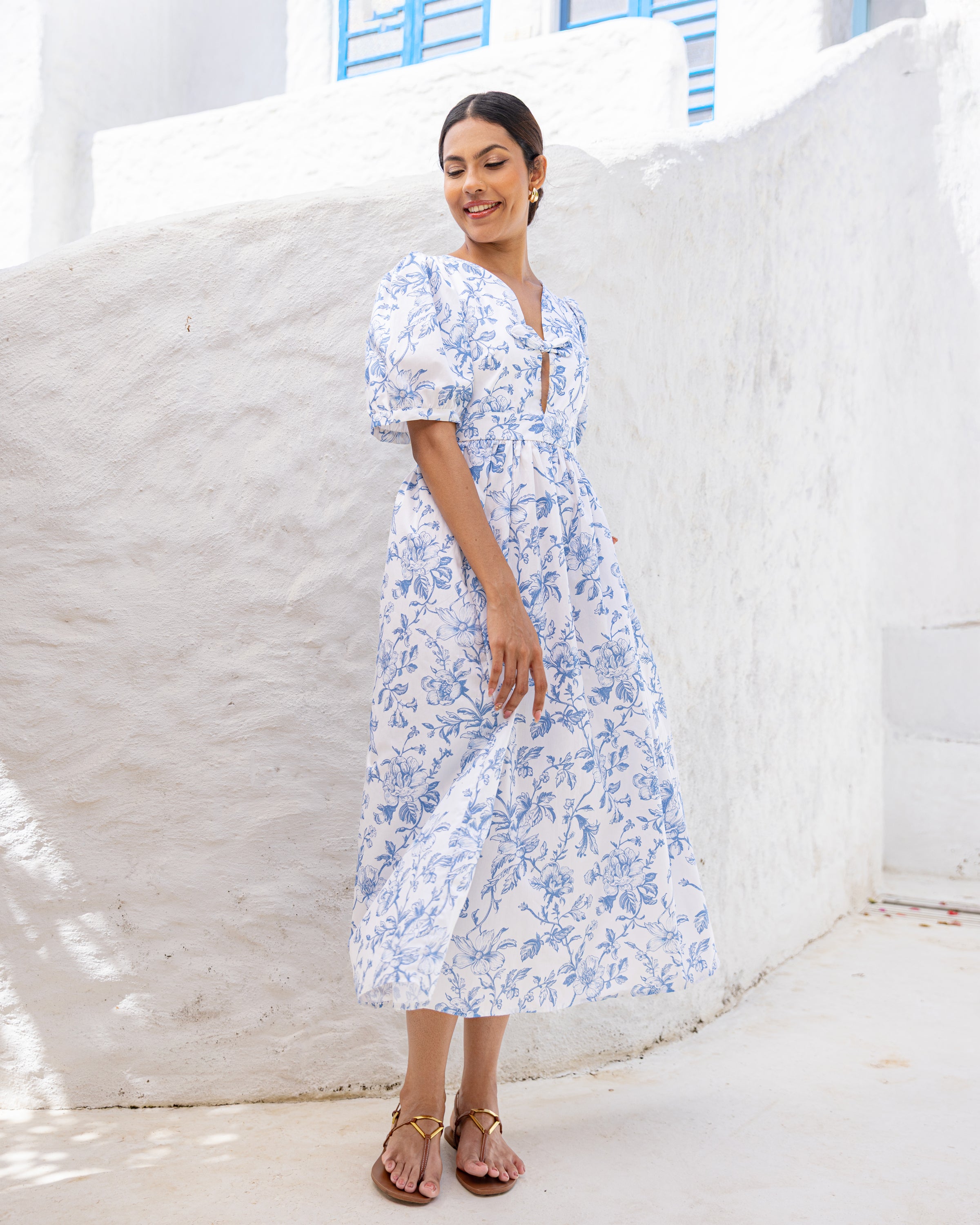 Rey Bow Detail Cotton Midi Dress - Floral