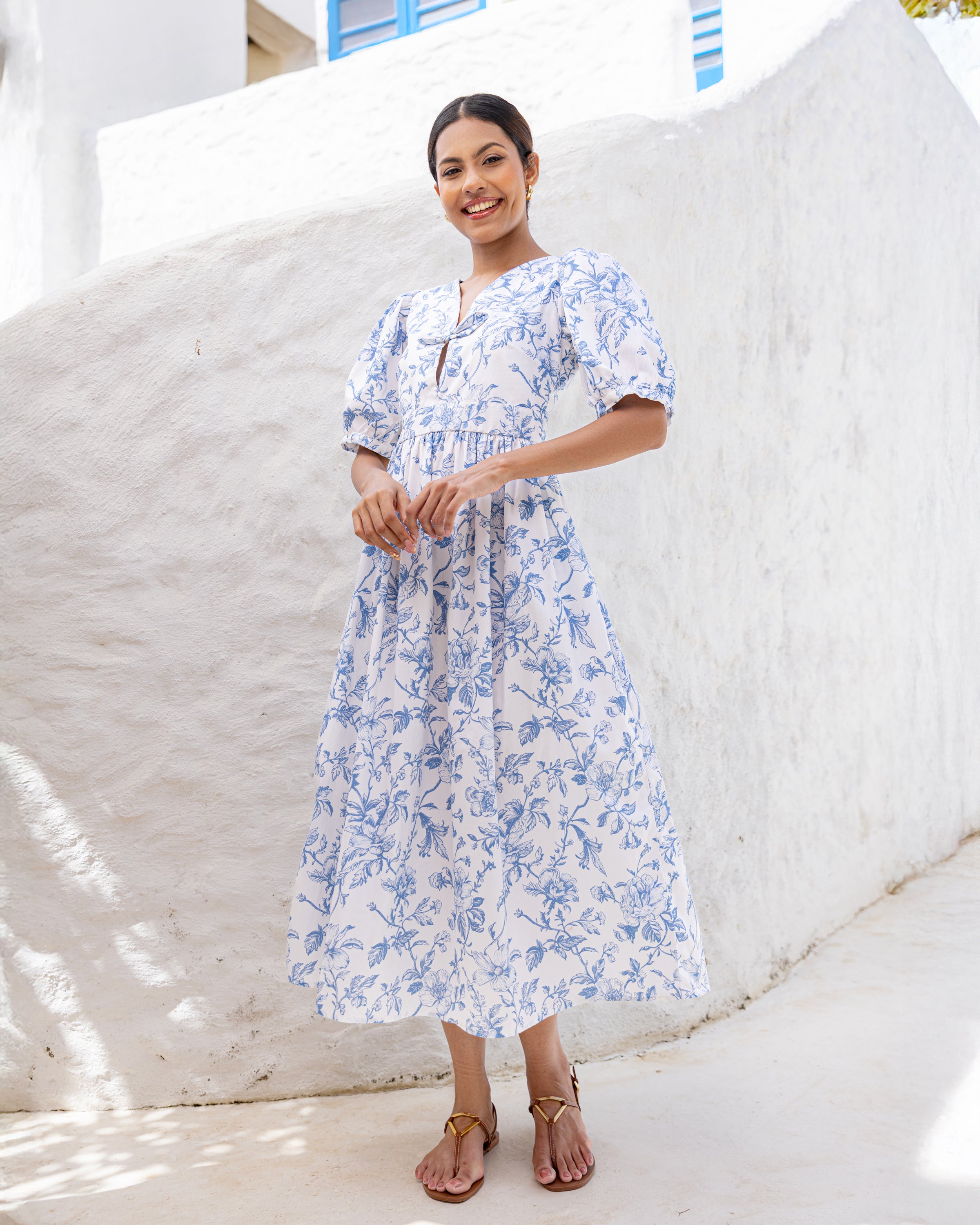 Rey Bow Detail Cotton Midi Dress - Floral