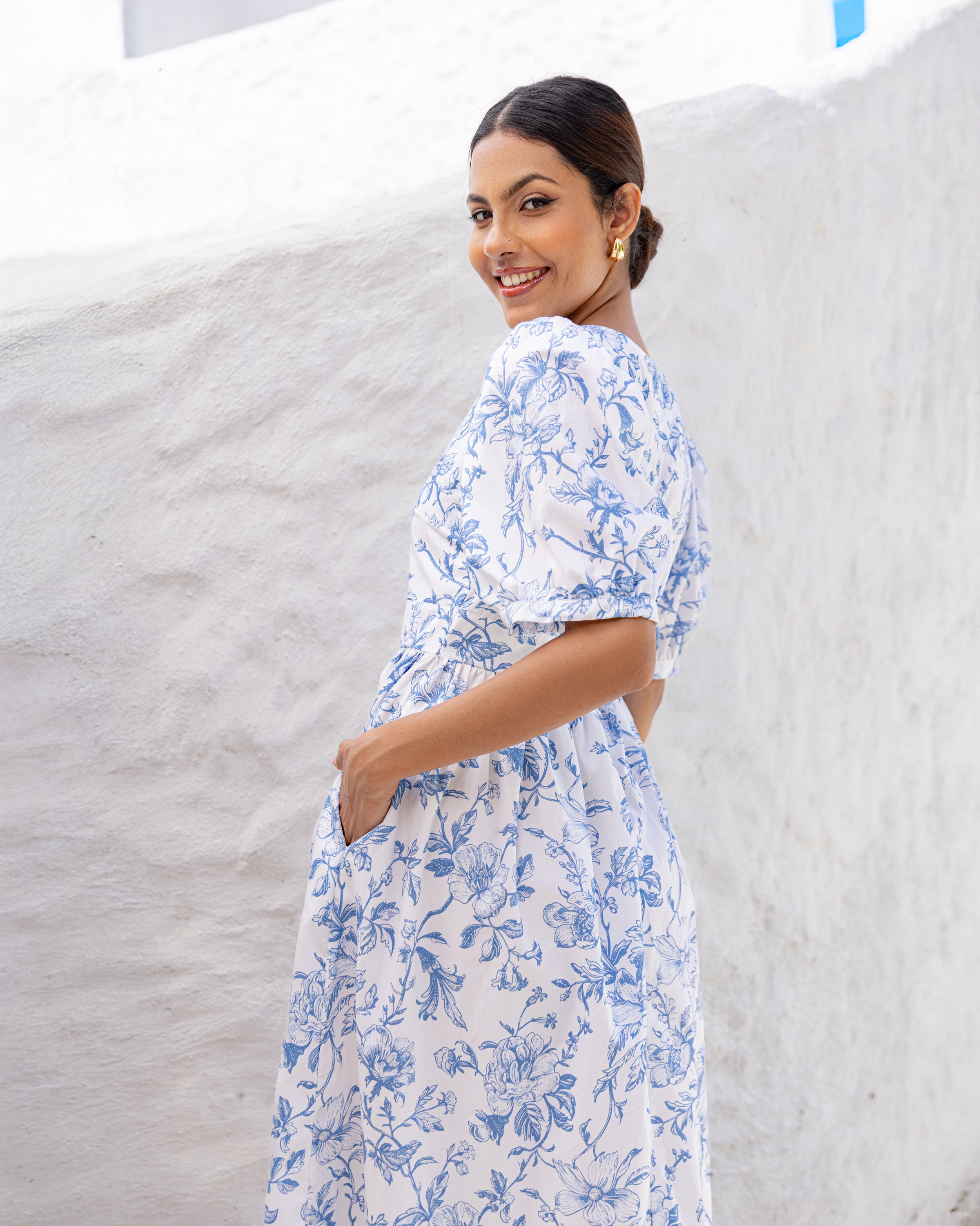 Rey Bow Detail Cotton Midi Dress - Floral