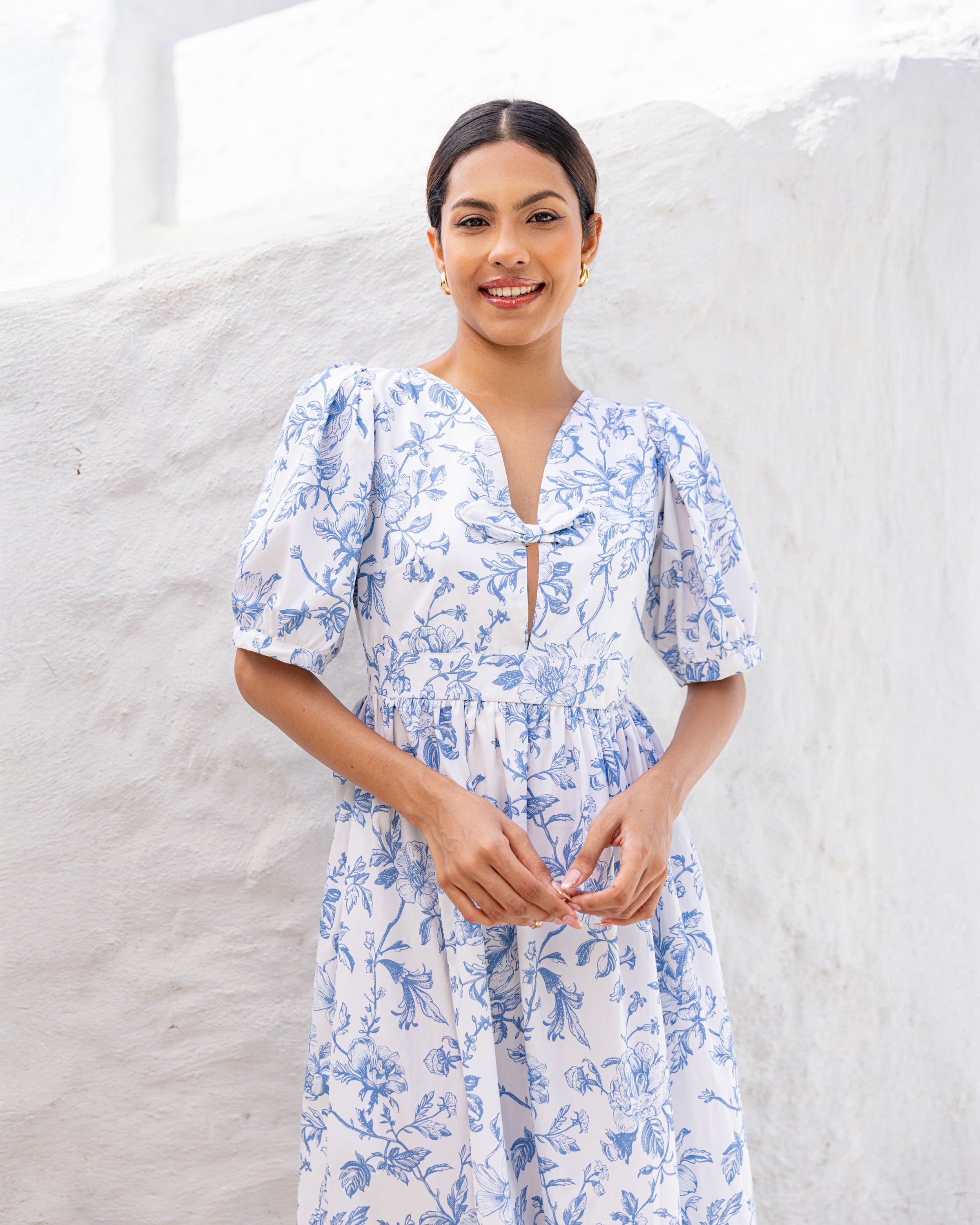 Rey Bow Detail Cotton Midi Dress - Floral