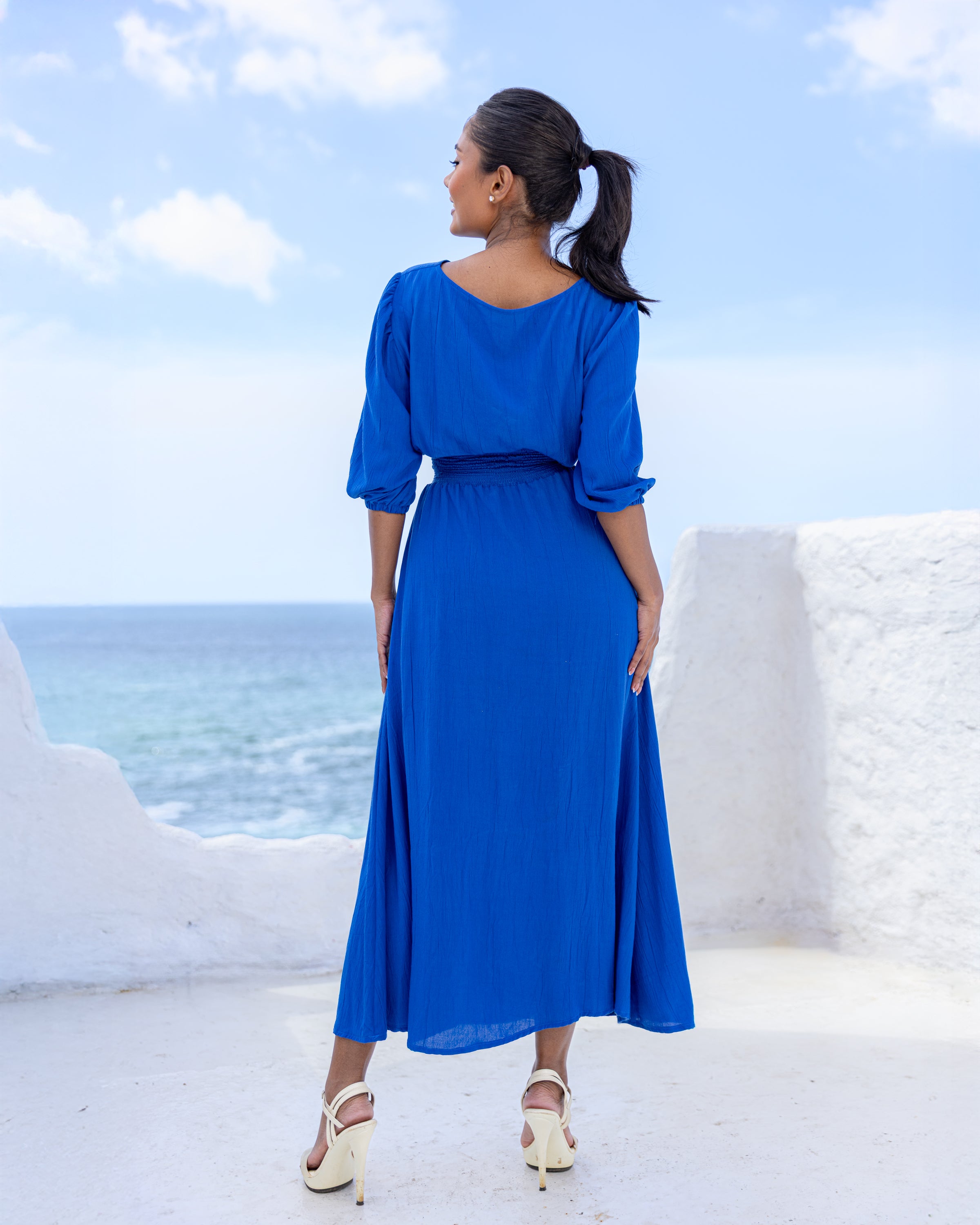 Dianne Smocked Front Tie Midi Dress - Blueberry