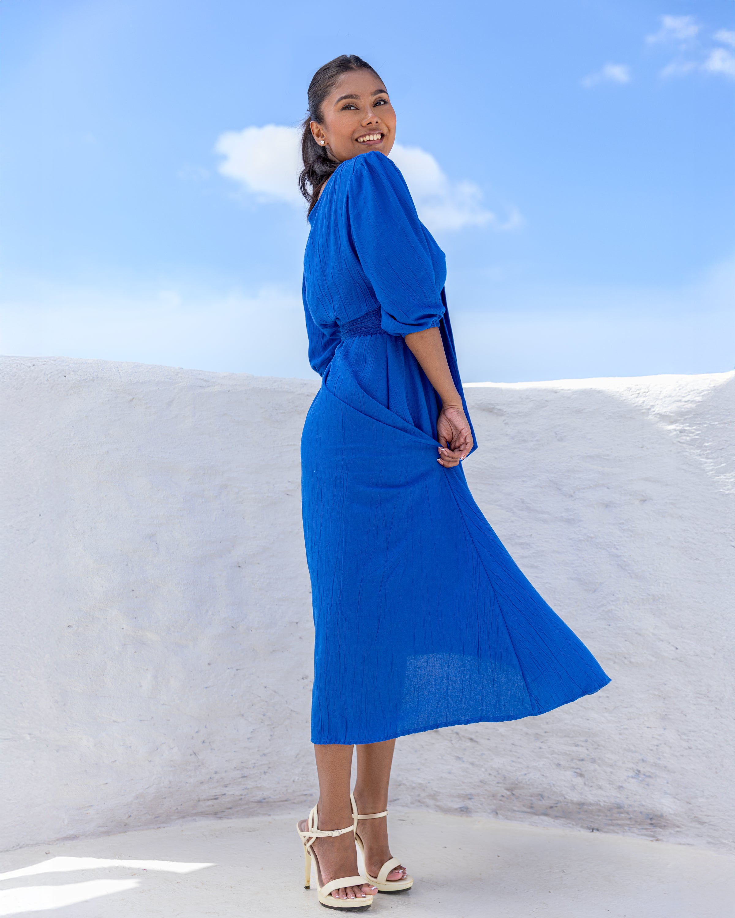 Dianne Smocked Front Tie Midi Dress - Blueberry