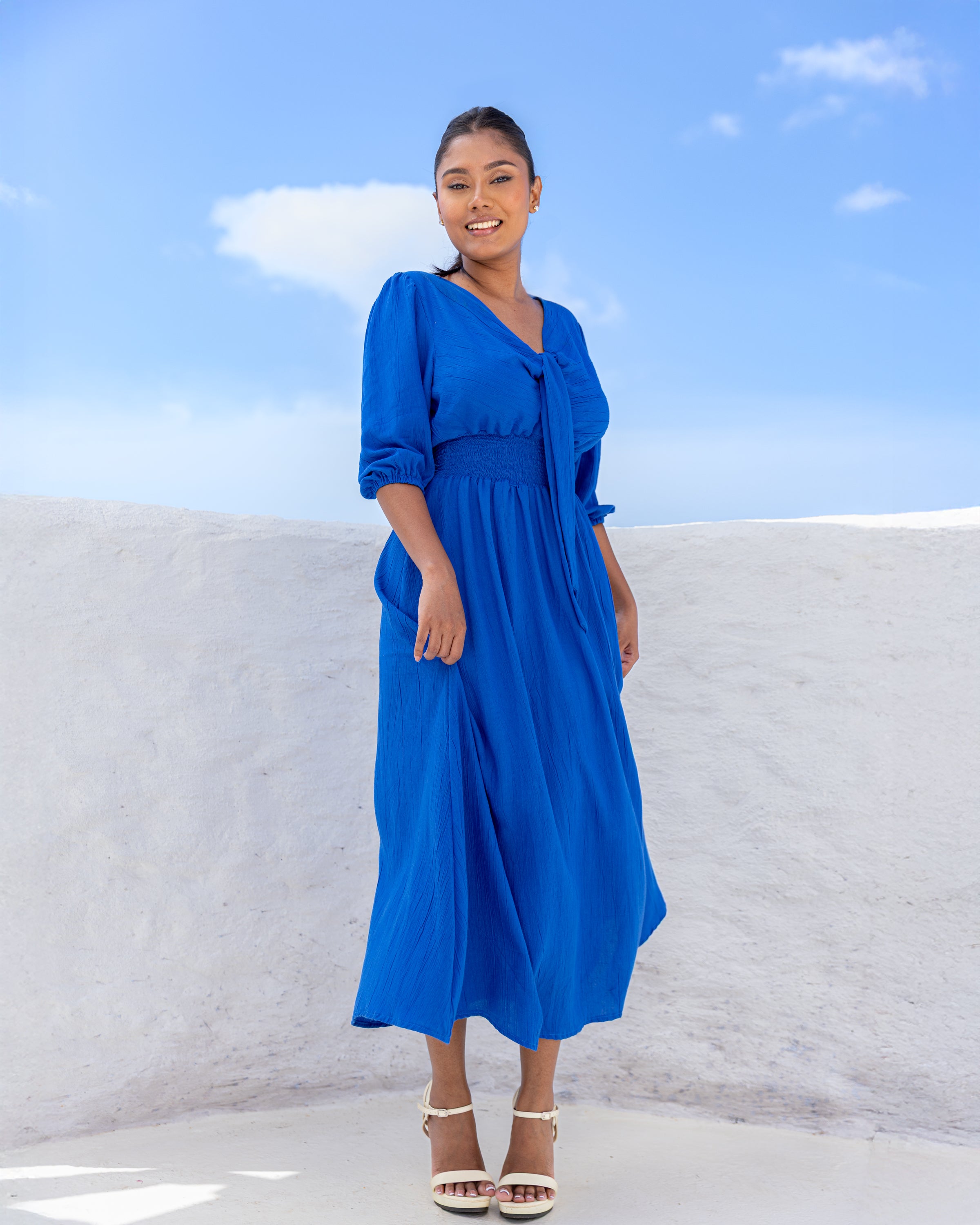 Dianne Smocked Front Tie Midi Dress - Blueberry