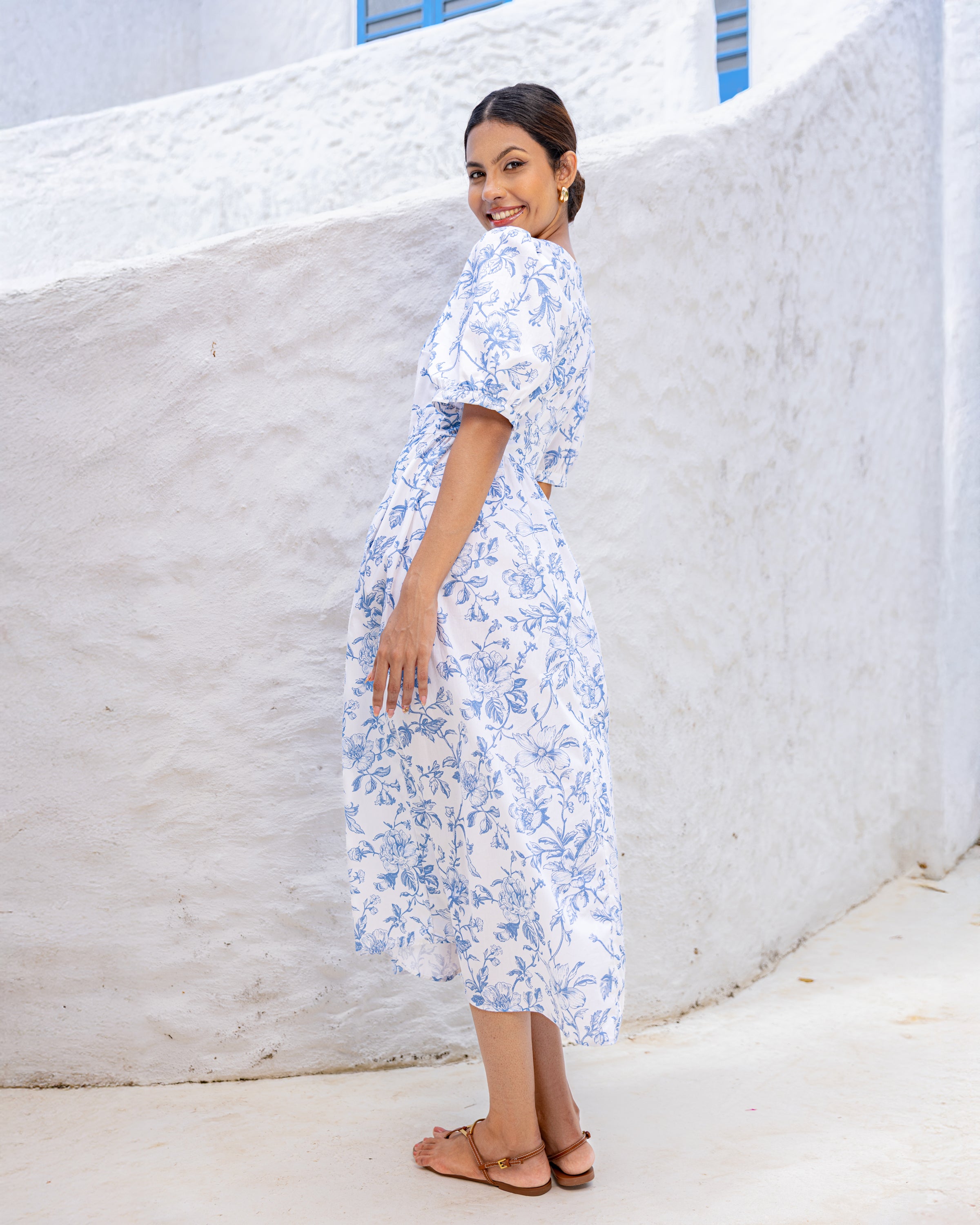 Rey Bow Detail Cotton Midi Dress - Floral