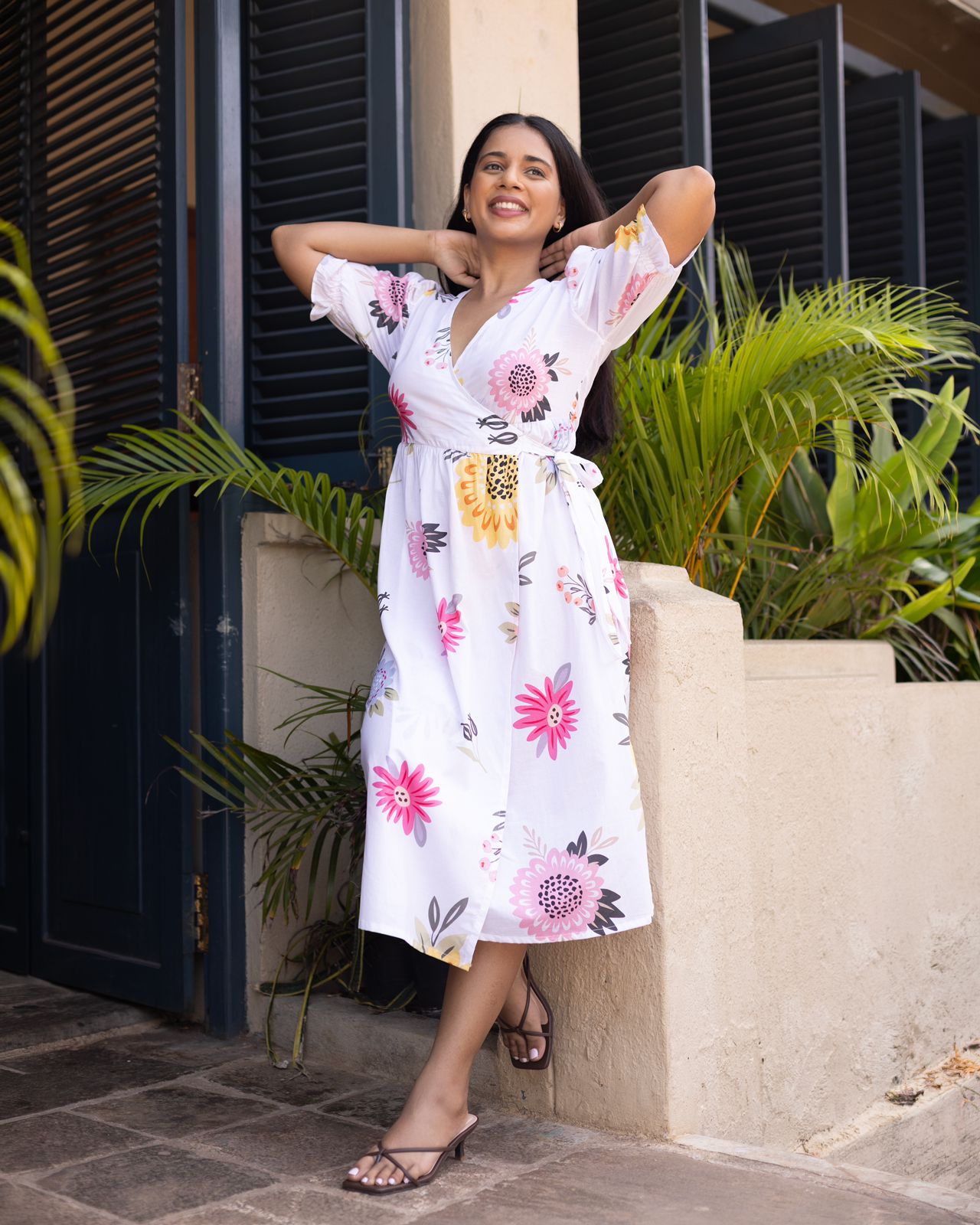 Amelia Cotton Floral Wrap Dress - White Printed