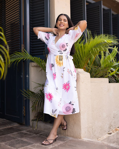 Amelia Cotton Floral Wrap Dress - White Printed
