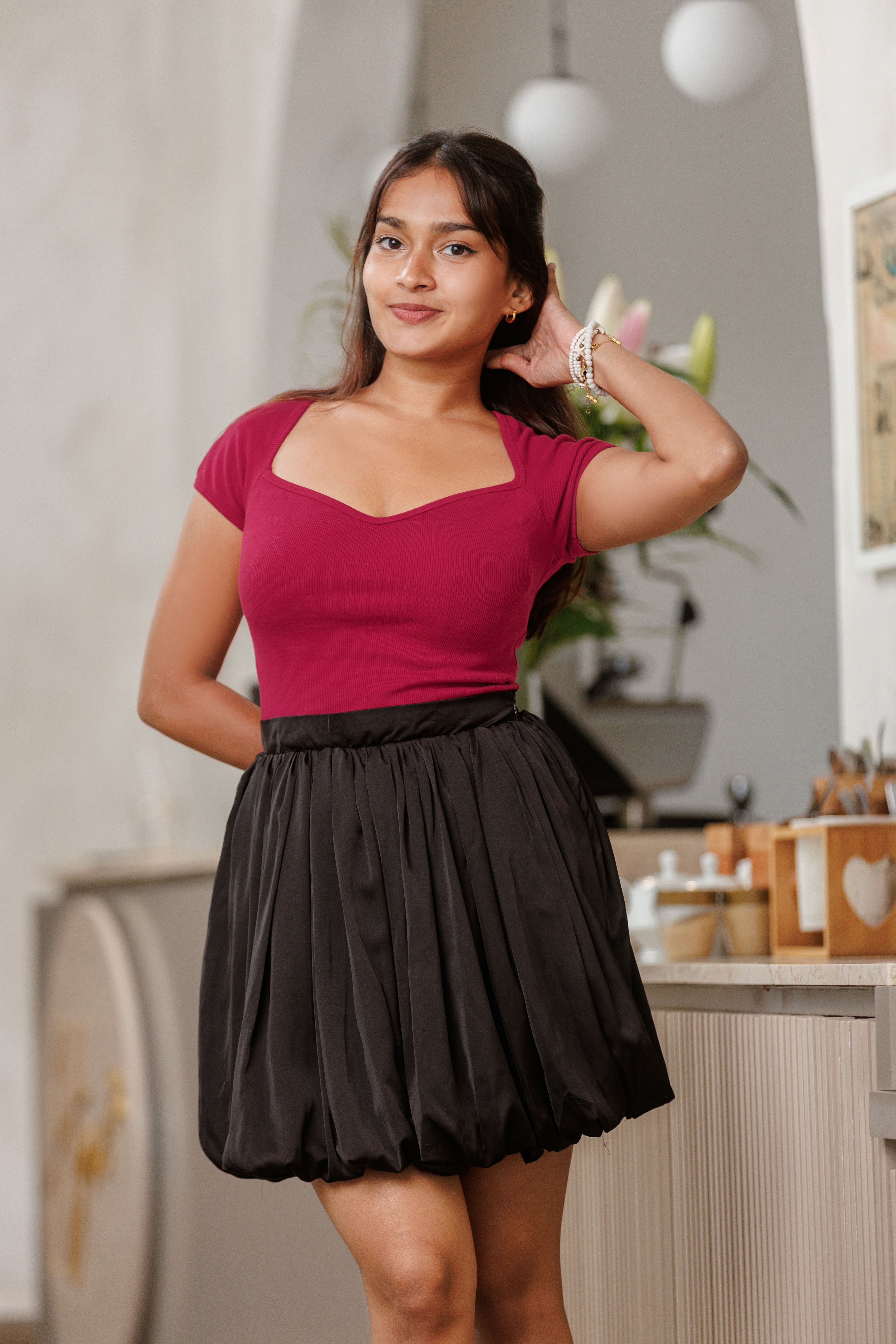 Silvia Sweetheart Ribb Top - Wine Red