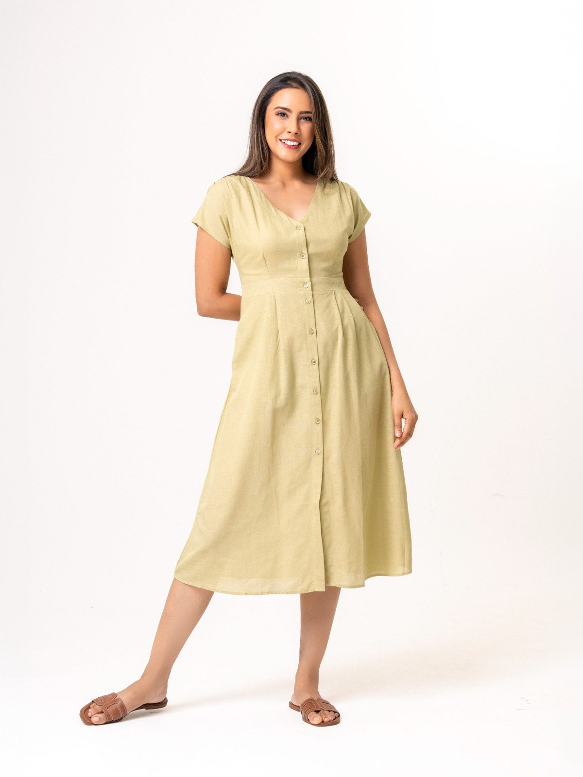 Tiely cotton button down midi dress - Sage