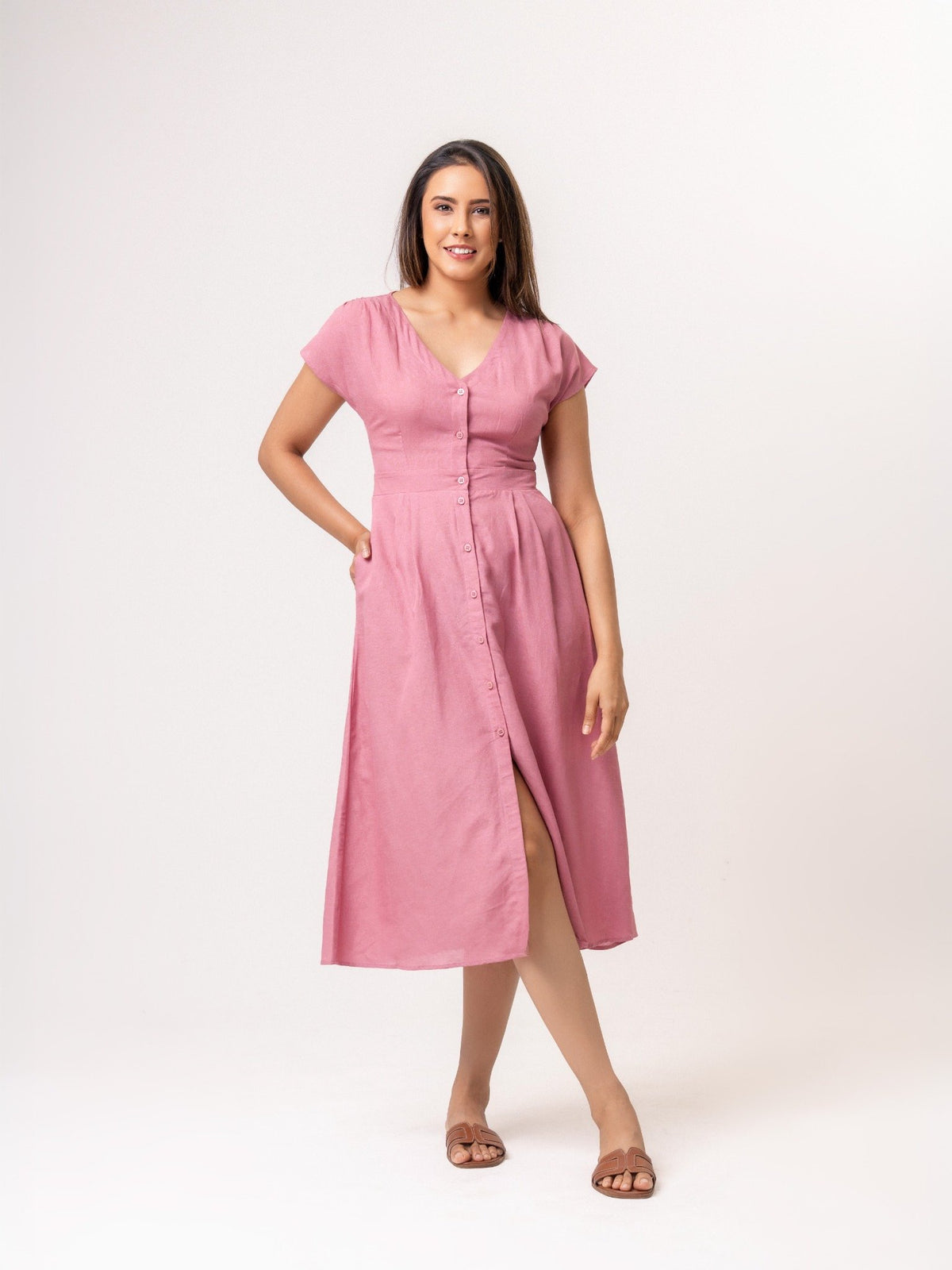 Tiely cotton button down midi Dress - Pink