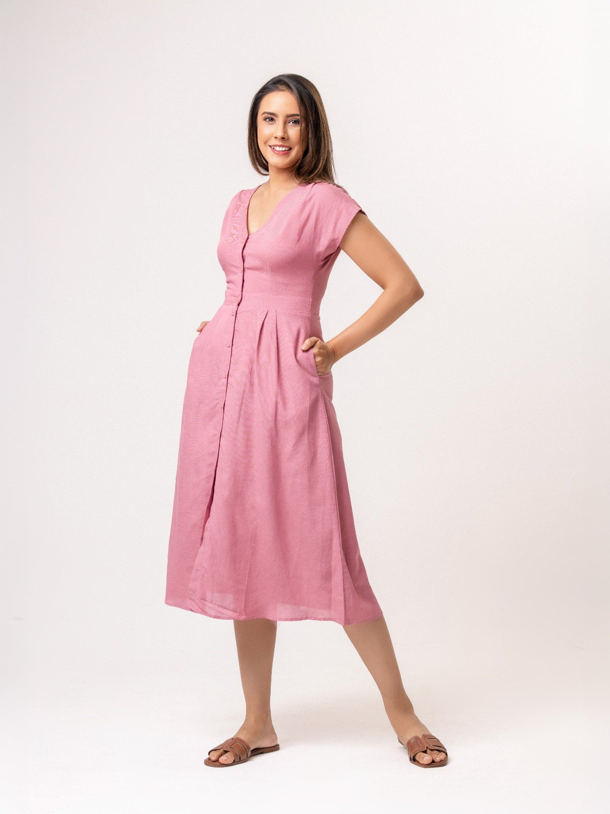 Tiely cotton button down midi Dress - Pink