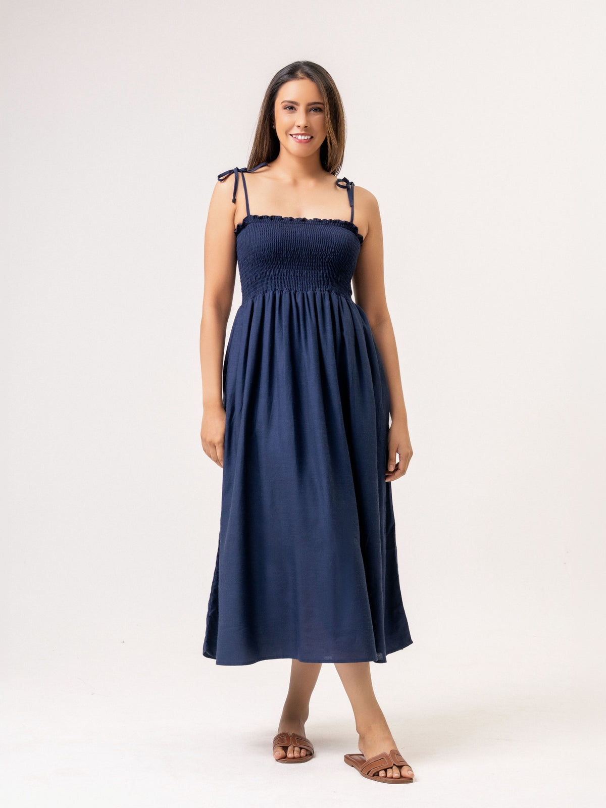 Gloria Smoked Midi Dress - Navy Blue