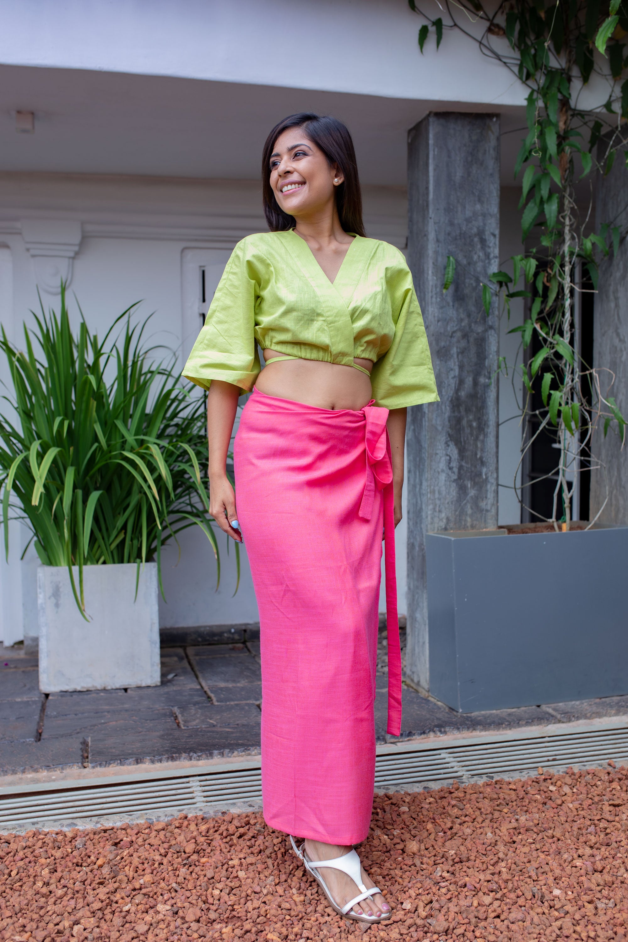 Vichithra Linen Wrap Top- Lemon