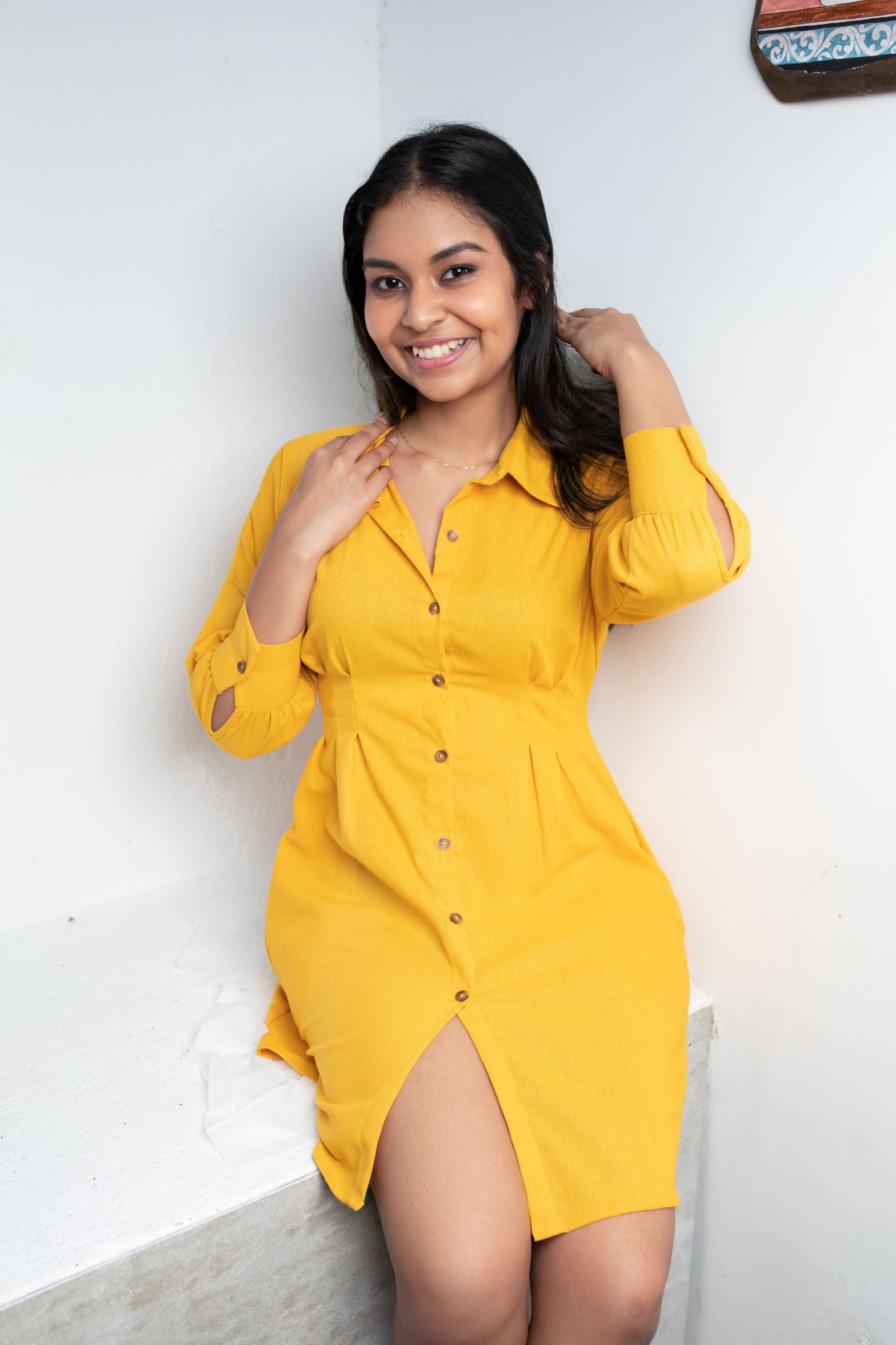 Scarlett Pleated Shirt Dress- Yellow