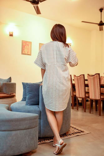 Freya Button Down Shift Dress- Beige Stripes